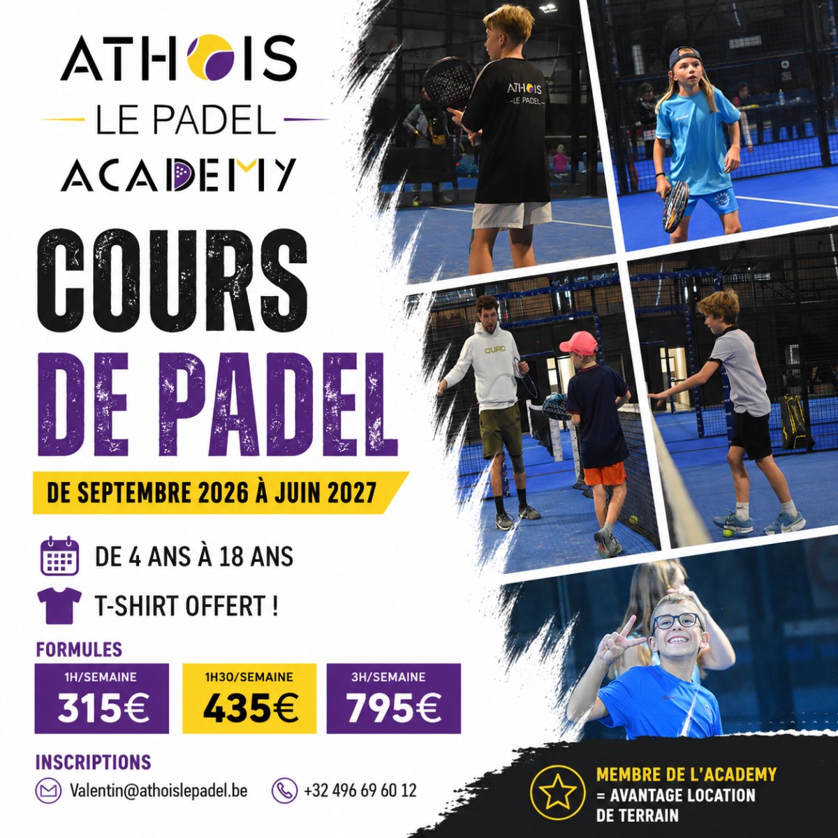 Cours de padel 2026-2027 : de 4 à 18 ans, t-shirt offert, formules de 315€ à 795€