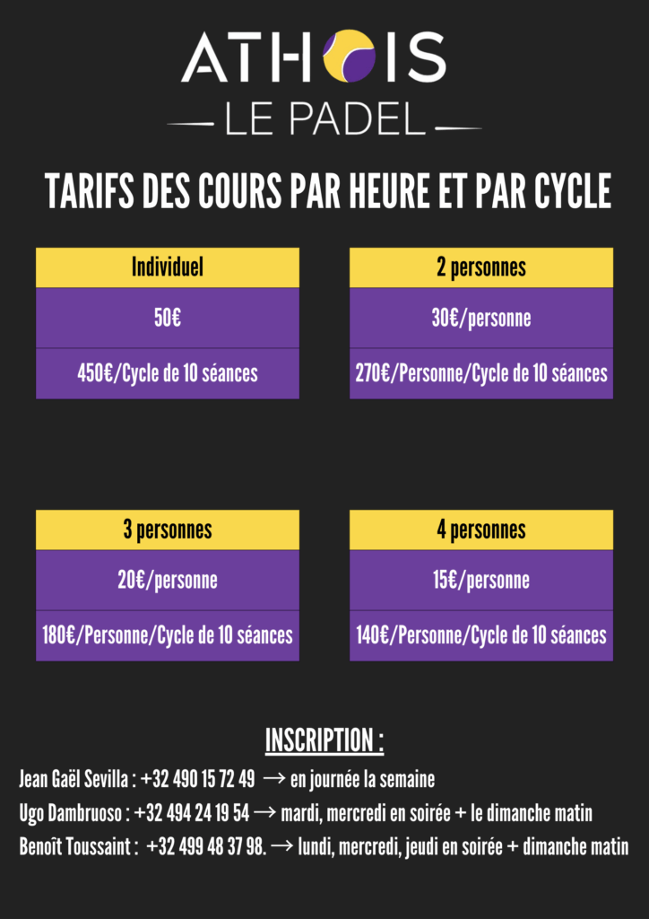 Tarifs des cours, à la séance et par cycle